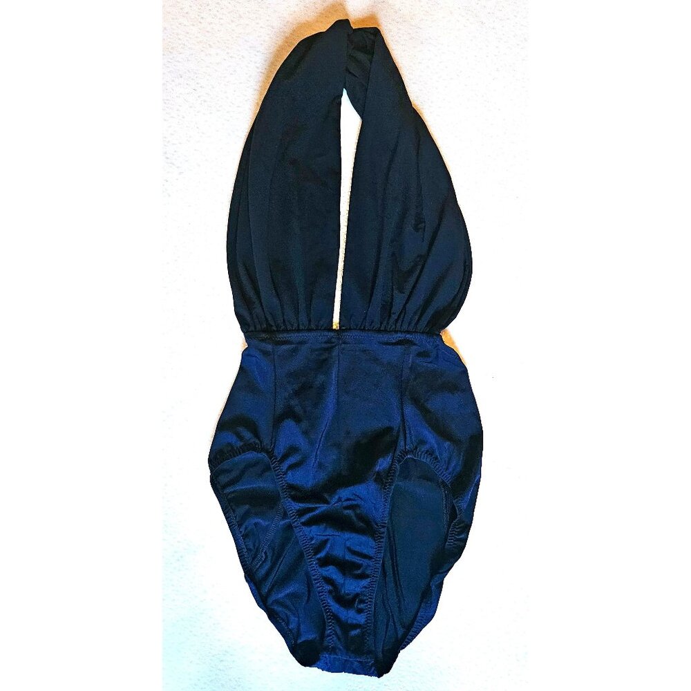 NWOT Vintage 80s Norma Kamali Crepe Halter High Cut Low Back Swimsuit M 6-8 Navy